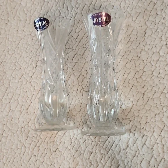 Vintage 90's 24% lead crystal etched glass scalloped opening set of 2 vases USA - Picture 3 of 7
